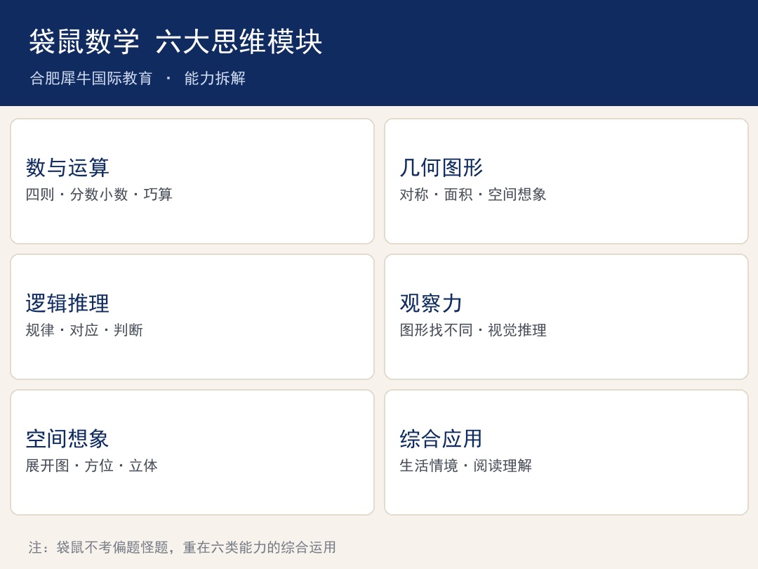 袋鼠数学六大思维模块:数与运算、几何图形、逻辑推理、观察力、空间想象、综合应用